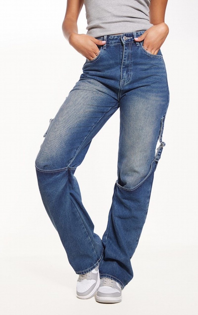 Blugi Pretty Little Thing Indigo Wash Chap Detail Drept Leg Indigo Albastri Albastru Deschis | MVZC46017