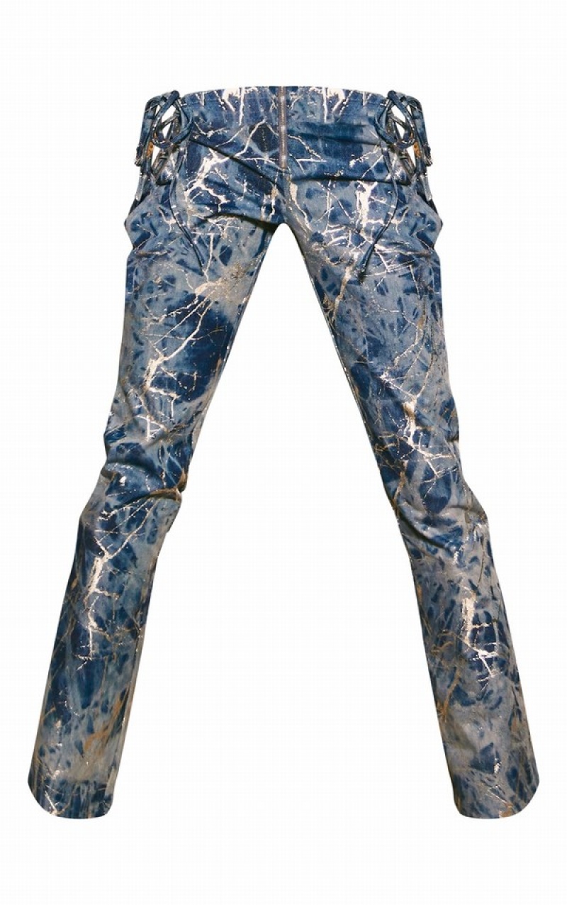 Blugi Pretty Little Thing Metallic Print Dantela Up Side Flared Albastri | IVNL50792