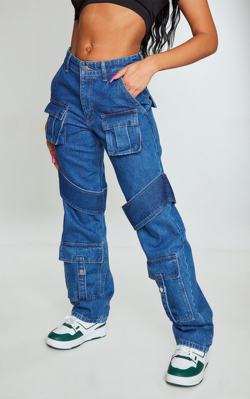Blugi Pretty Little Thing Mid-High Wash Curea Detail Cargo Pocket Largi Leg Albastri Albastru Deschis | LSYD25163