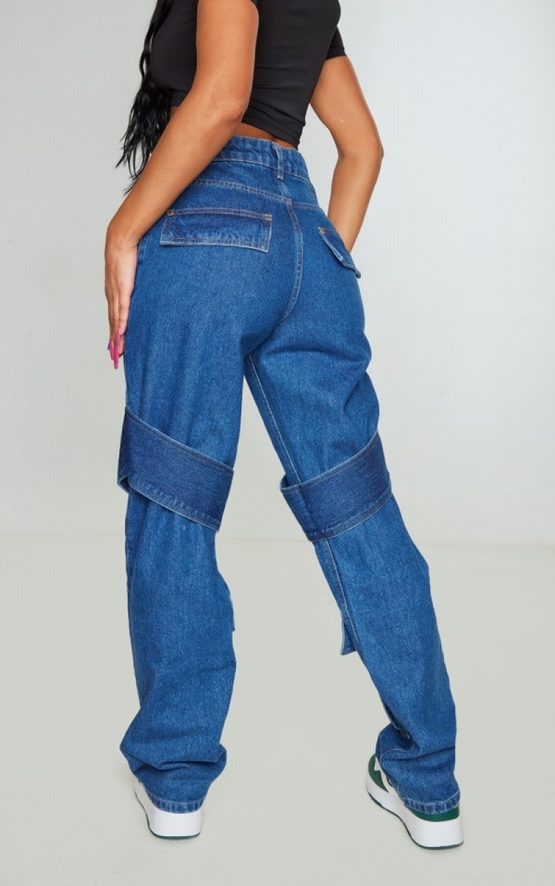 Blugi Pretty Little Thing Mid-High Wash Curea Detail Cargo Pocket Largi Leg Albastri Albastru Deschis | LSYD25163
