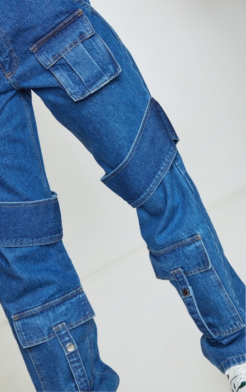 Blugi Pretty Little Thing Mid-High Wash Curea Detail Cargo Pocket Largi Leg Albastri Albastru Deschis | LSYD25163