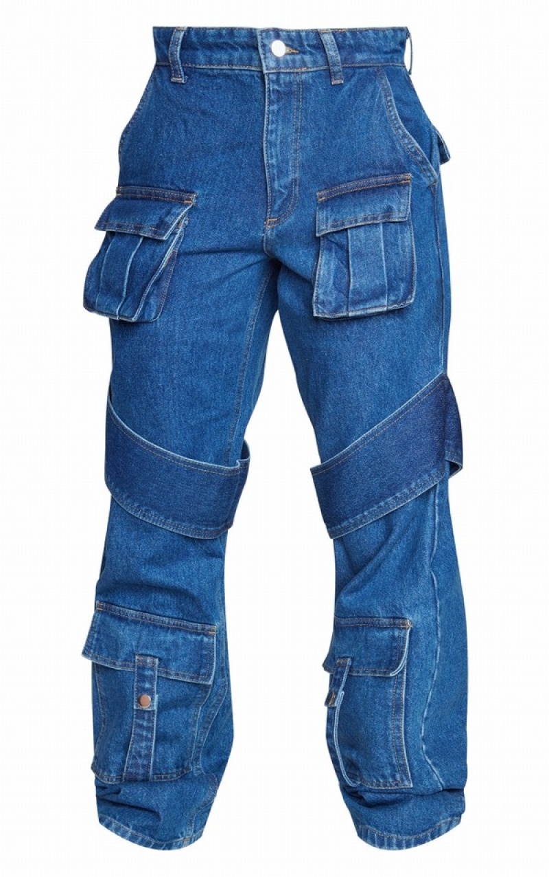 Blugi Pretty Little Thing Mid-High Wash Curea Detail Cargo Pocket Largi Leg Albastri Albastru Deschis | LSYD25163