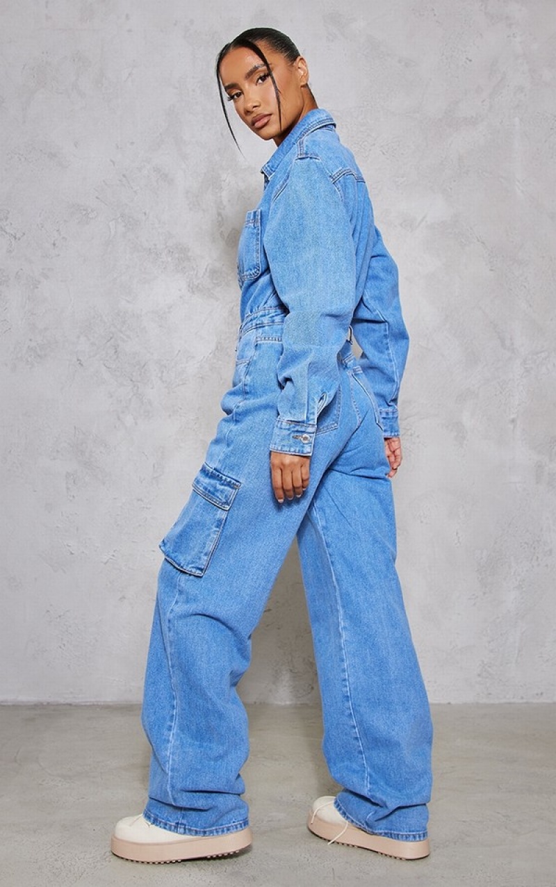 Blugi Pretty Little Thing Mid-High Wash Cargo Pocket Detail Largi Leg Albastri Albastru Deschis | VLZS82491