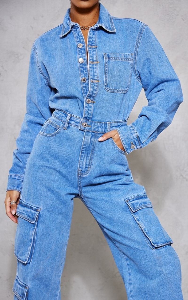 Blugi Pretty Little Thing Mid-High Wash Cargo Pocket Detail Largi Leg Albastri Albastru Deschis | VLZS82491