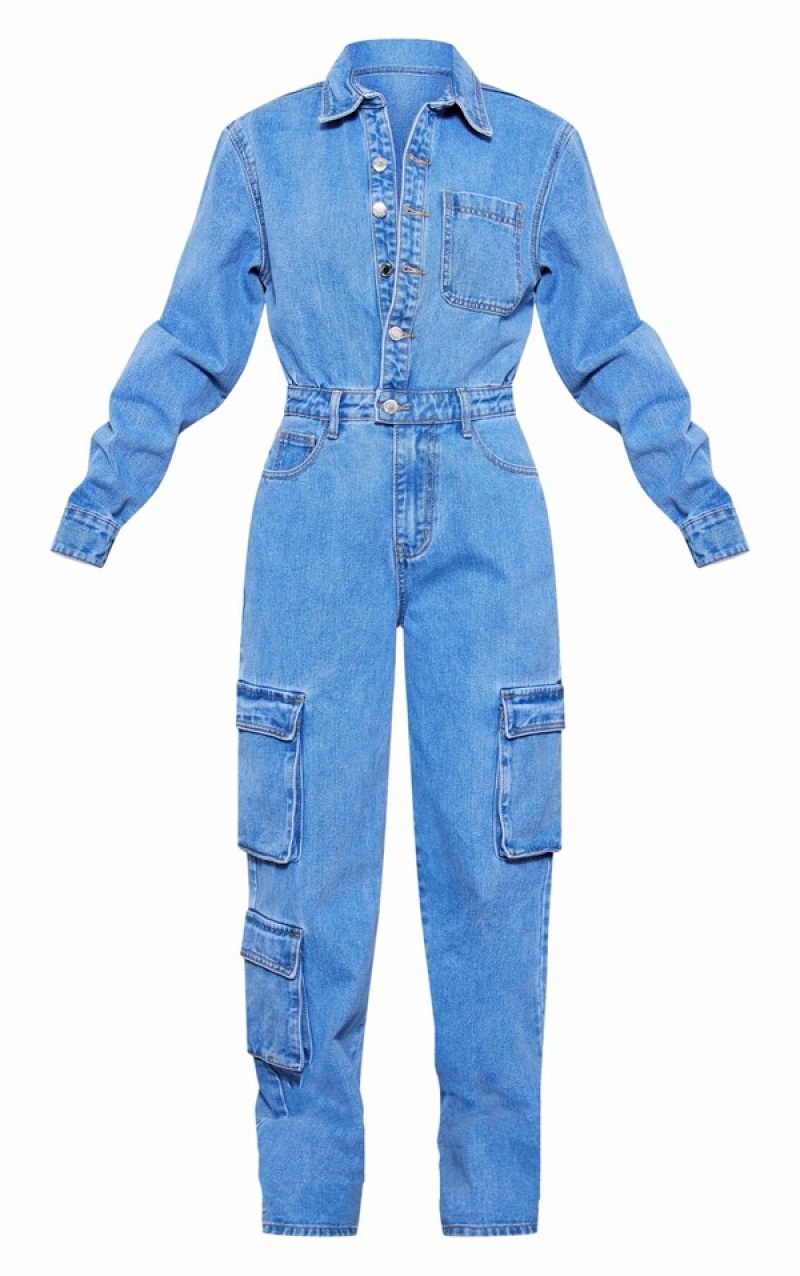 Blugi Pretty Little Thing Mid-High Wash Cargo Pocket Detail Largi Leg Albastri Albastru Deschis | VLZS82491