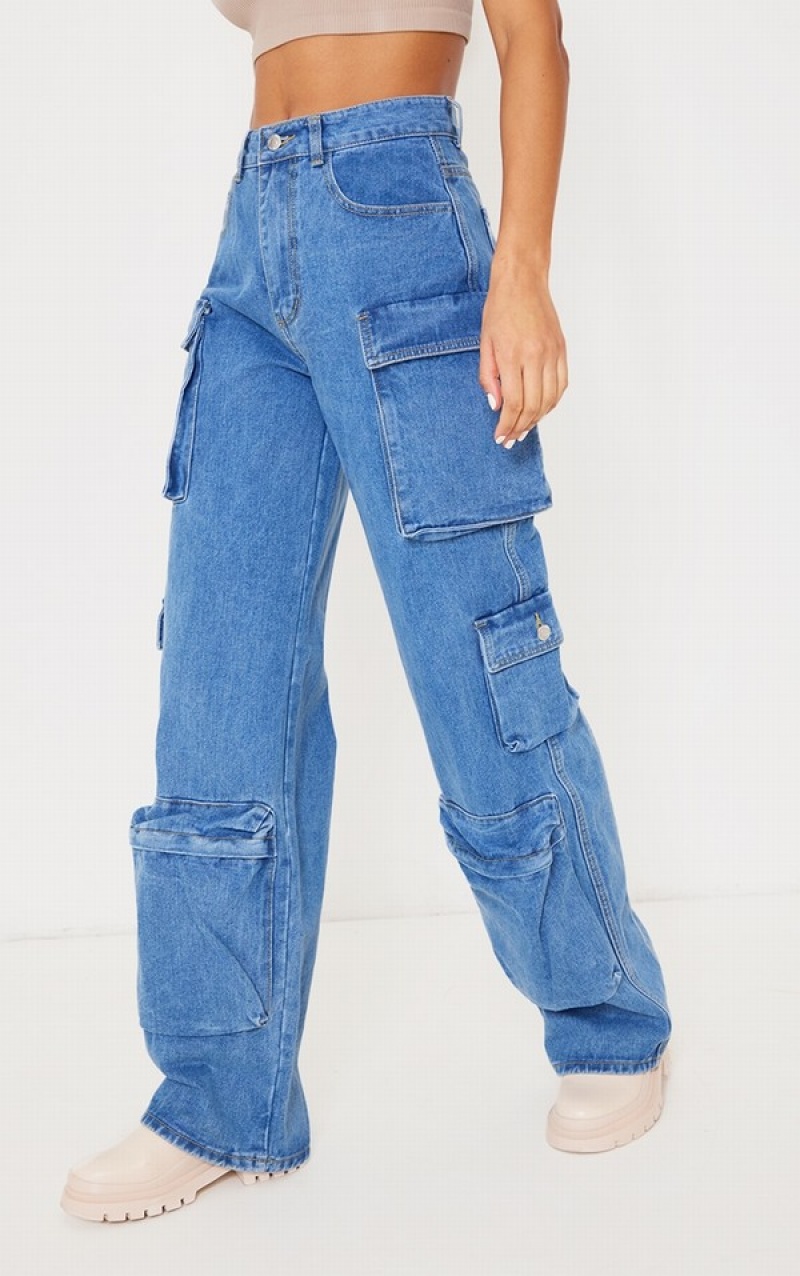 Blugi Pretty Little Thing Mid-High Wash Cargo Pocket Detail Largi Leg Albastri Albastru Deschis | IBSN18065