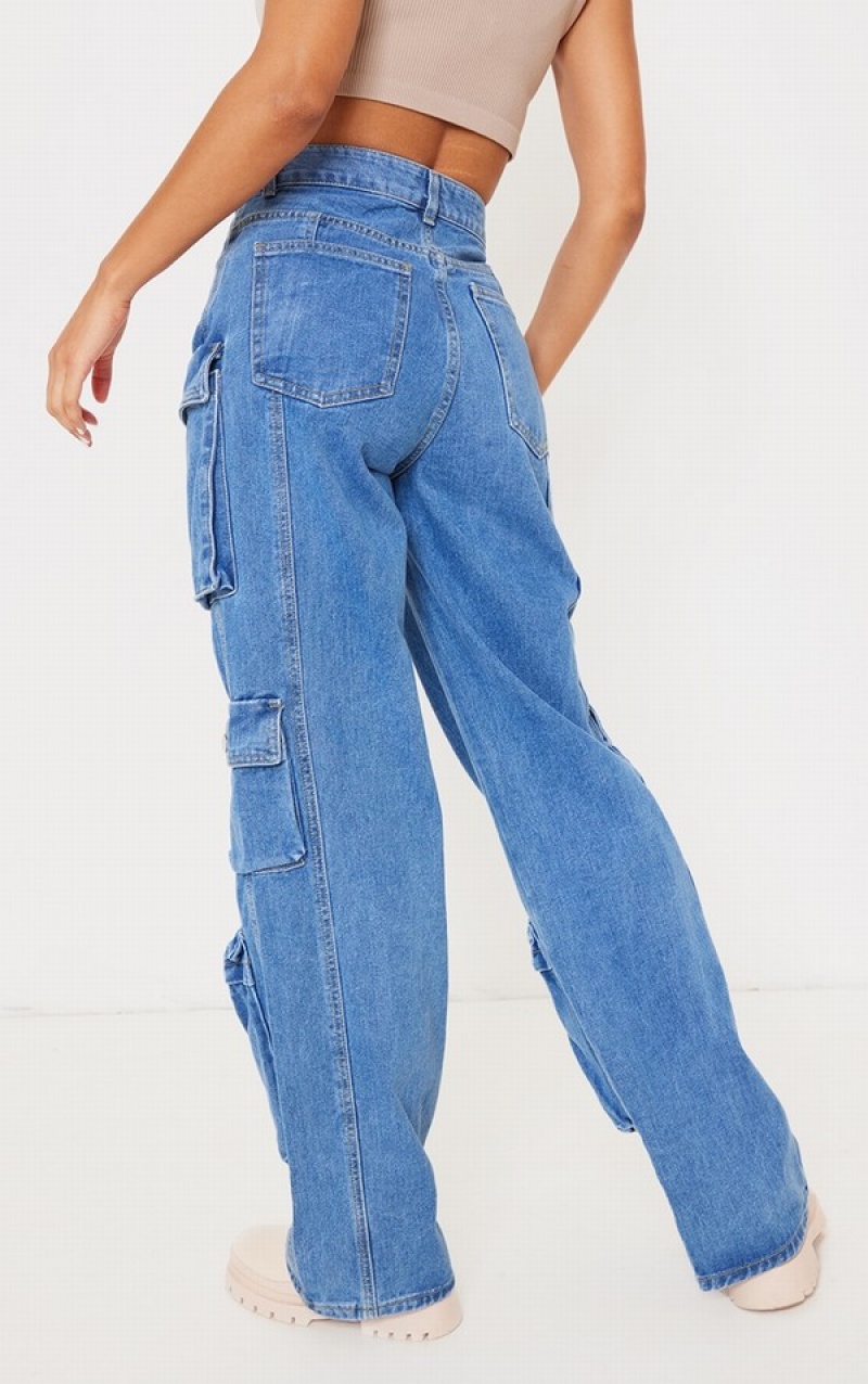 Blugi Pretty Little Thing Mid-High Wash Cargo Pocket Detail Largi Leg Albastri Albastru Deschis | IBSN18065