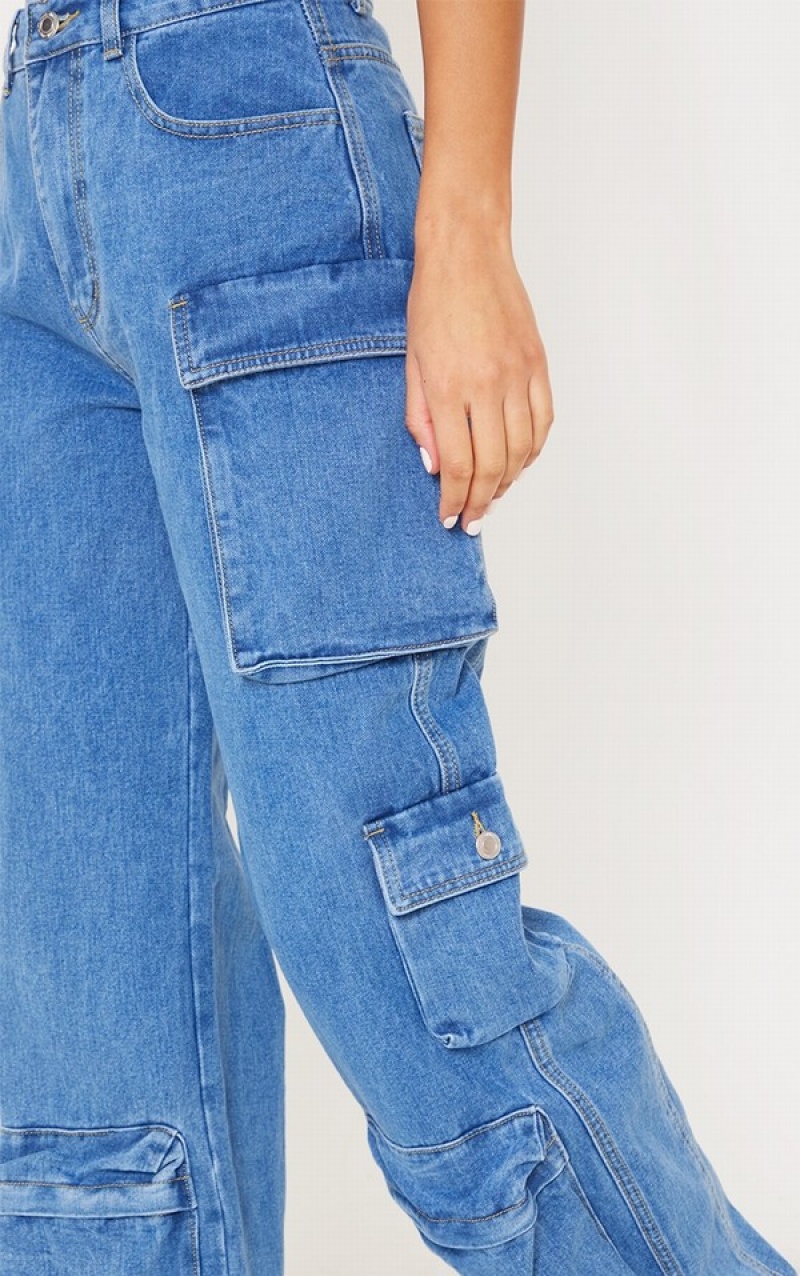 Blugi Pretty Little Thing Mid-High Wash Cargo Pocket Detail Largi Leg Albastri Albastru Deschis | IBSN18065