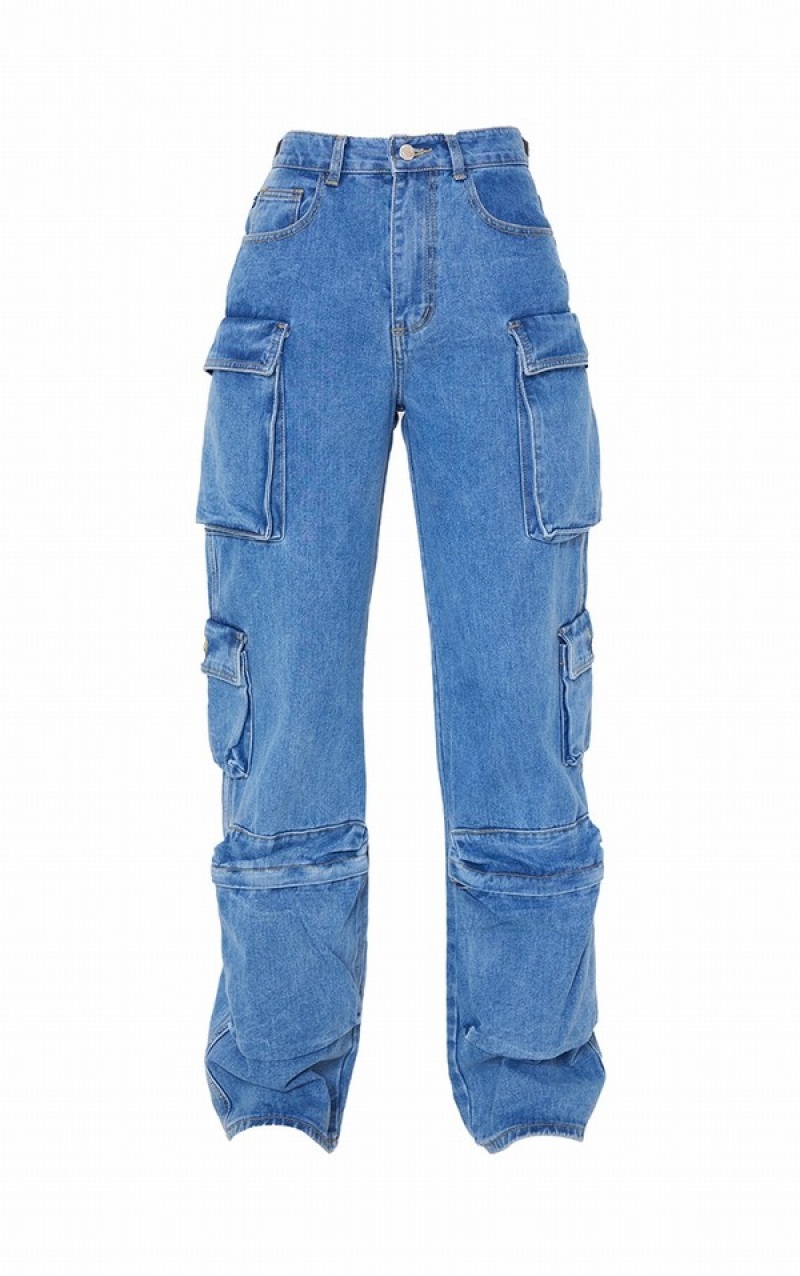 Blugi Pretty Little Thing Mid-High Wash Cargo Pocket Detail Largi Leg Albastri Albastru Deschis | IBSN18065