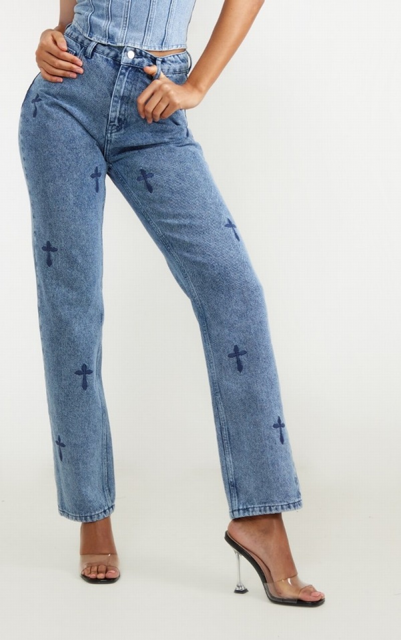 Blugi Pretty Little Thing Mid-High Wash Cross Print Long Leg Drept Leg Albastri Albastru Deschis | VGRX31065