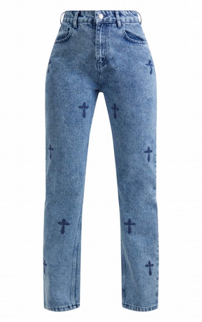 Blugi Pretty Little Thing Mid-High Wash Cross Print Long Leg Drept Leg Albastri Albastru Deschis | VGRX31065