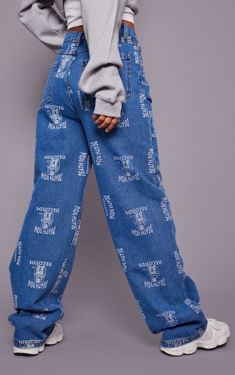 Blugi Pretty Little Thing Mid-High Wash Deathrow Records Grafice Printed Largi Leg Albastri Albastru Deschis | XWHL86574