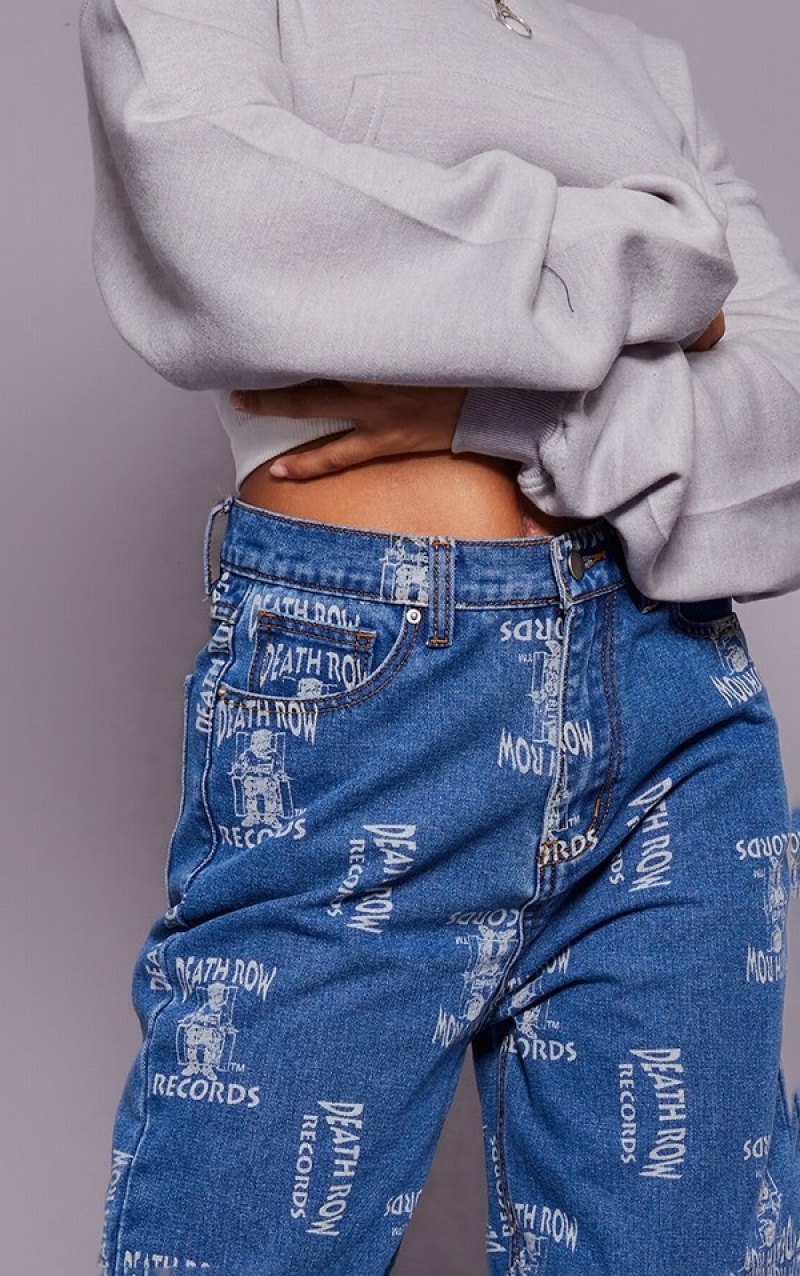 Blugi Pretty Little Thing Mid-High Wash Deathrow Records Grafice Printed Largi Leg Albastri Albastru Deschis | XWHL86574