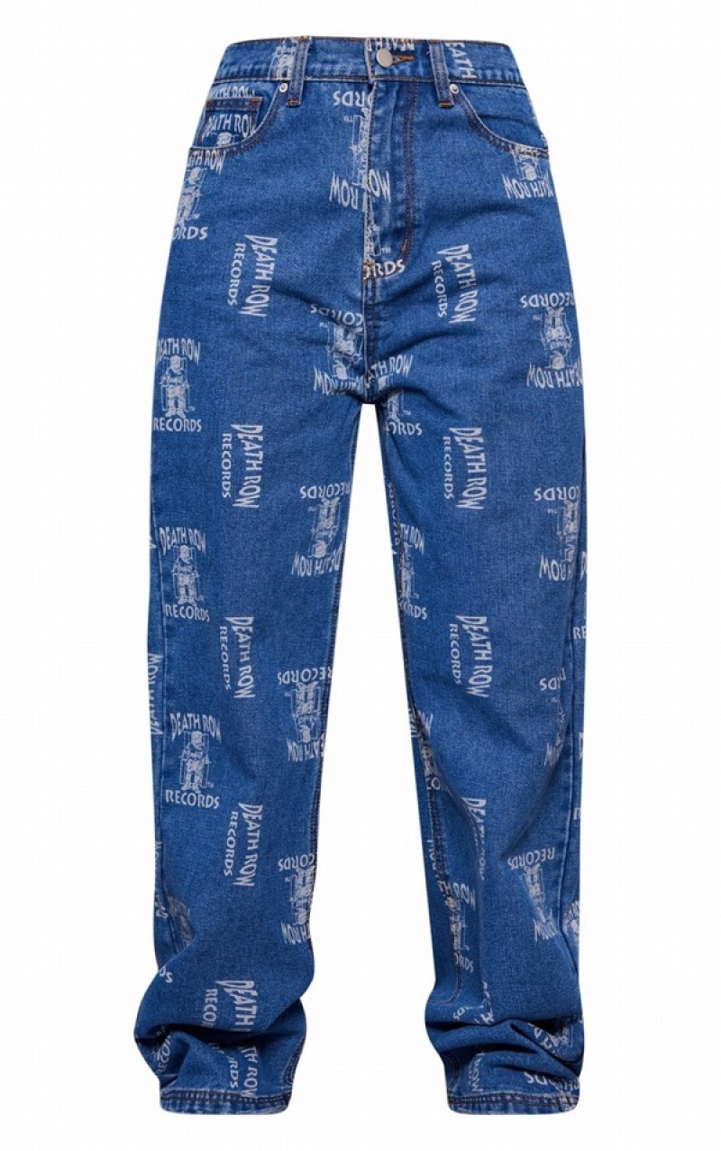Blugi Pretty Little Thing Mid-High Wash Deathrow Records Grafice Printed Largi Leg Albastri Albastru Deschis | XWHL86574