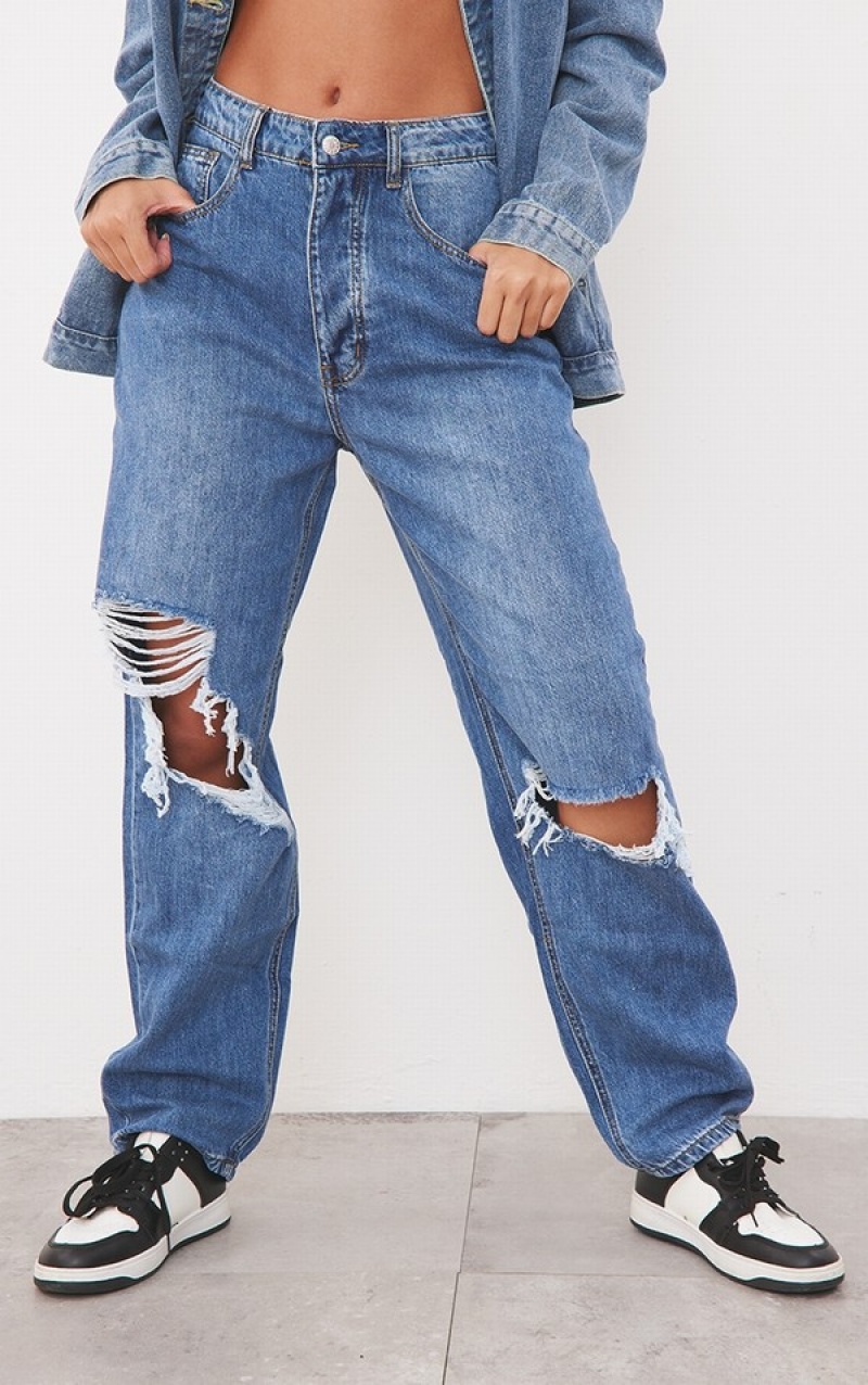 Blugi Pretty Little Thing Mid-High Wash Knee Rip Boyfriend Albastri Albastru Deschis | DYQU09286