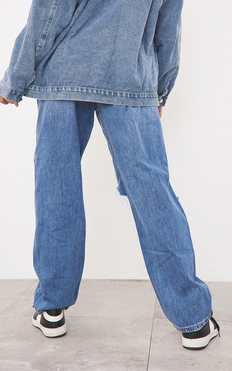 Blugi Pretty Little Thing Mid-High Wash Knee Rip Boyfriend Albastri Albastru Deschis | DYQU09286