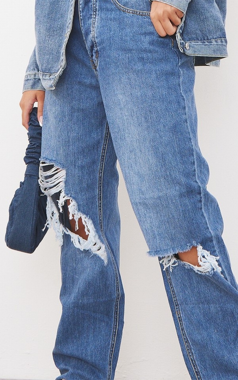 Blugi Pretty Little Thing Mid-High Wash Knee Rip Boyfriend Albastri Albastru Deschis | DYQU09286