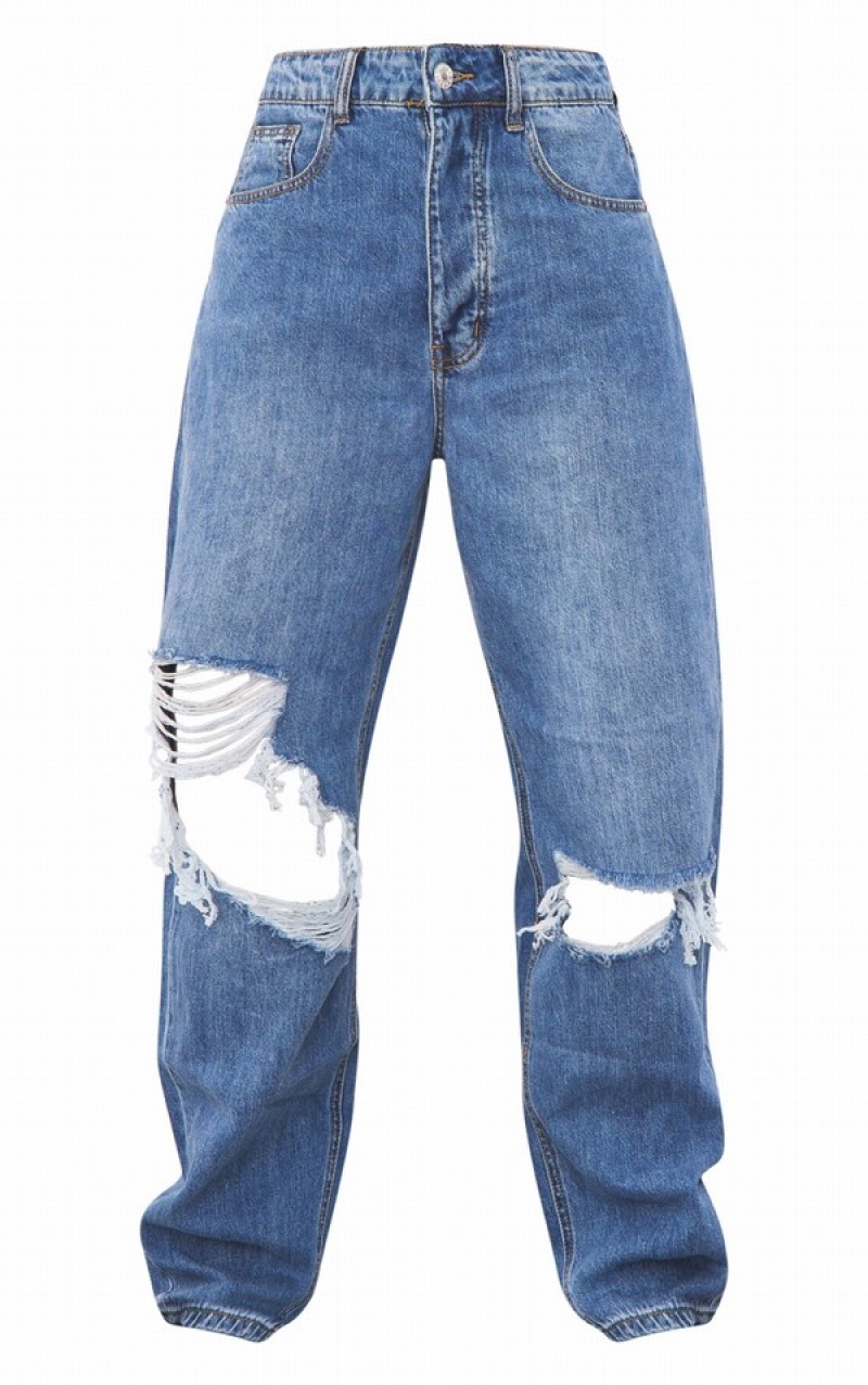 Blugi Pretty Little Thing Mid-High Wash Knee Rip Boyfriend Albastri Albastru Deschis | DYQU09286
