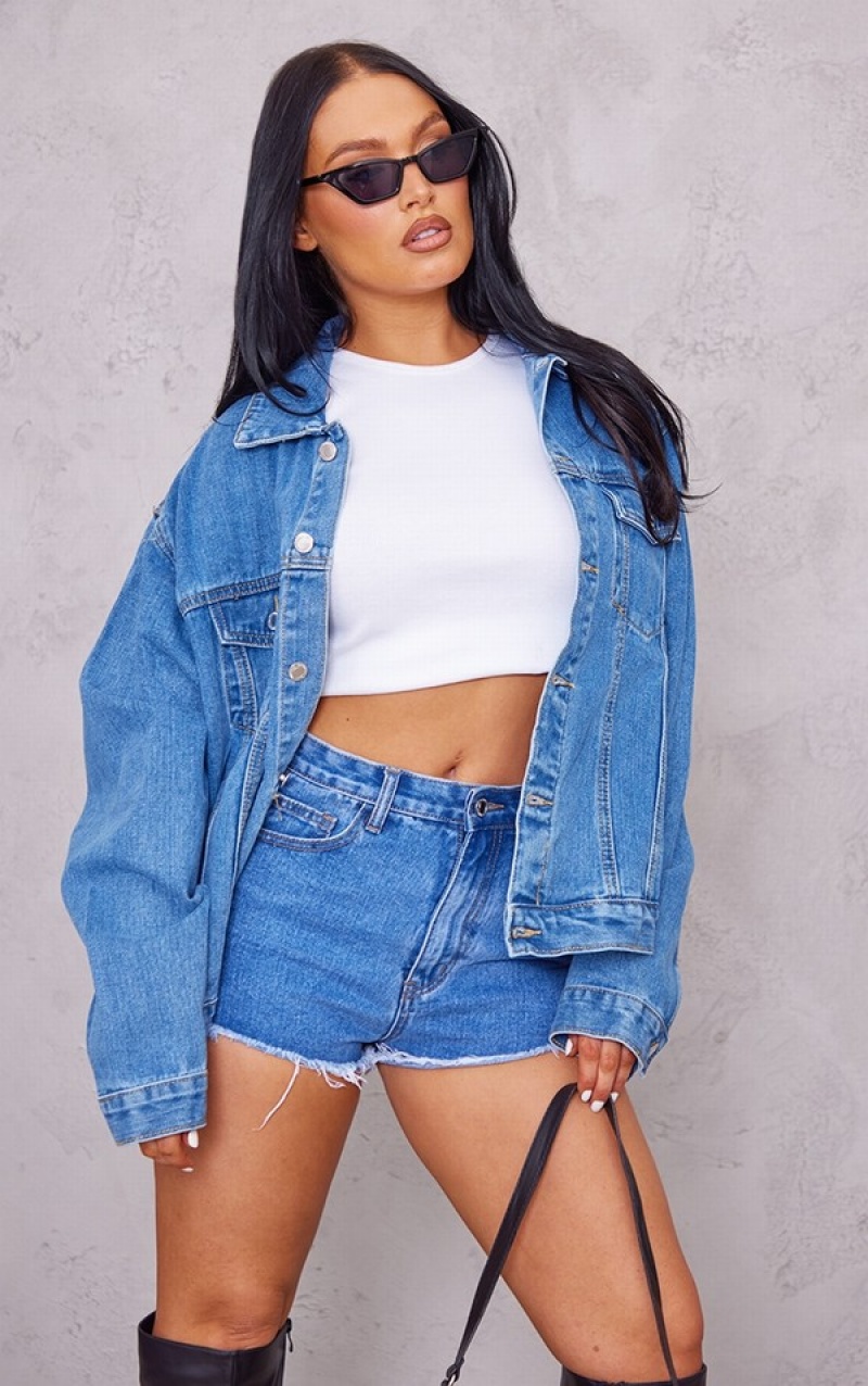 Blugi Pretty Little Thing Mid-High Wash Oversized Boyfriend Albastri Albastru Deschis | CUAE20457