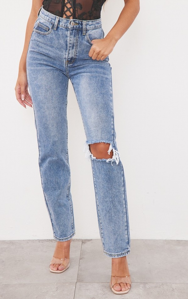 Blugi Pretty Little Thing Mid-High Wash Open Knee Long Leg Drept Leg Albastri Albastru Deschis | BHJX67091