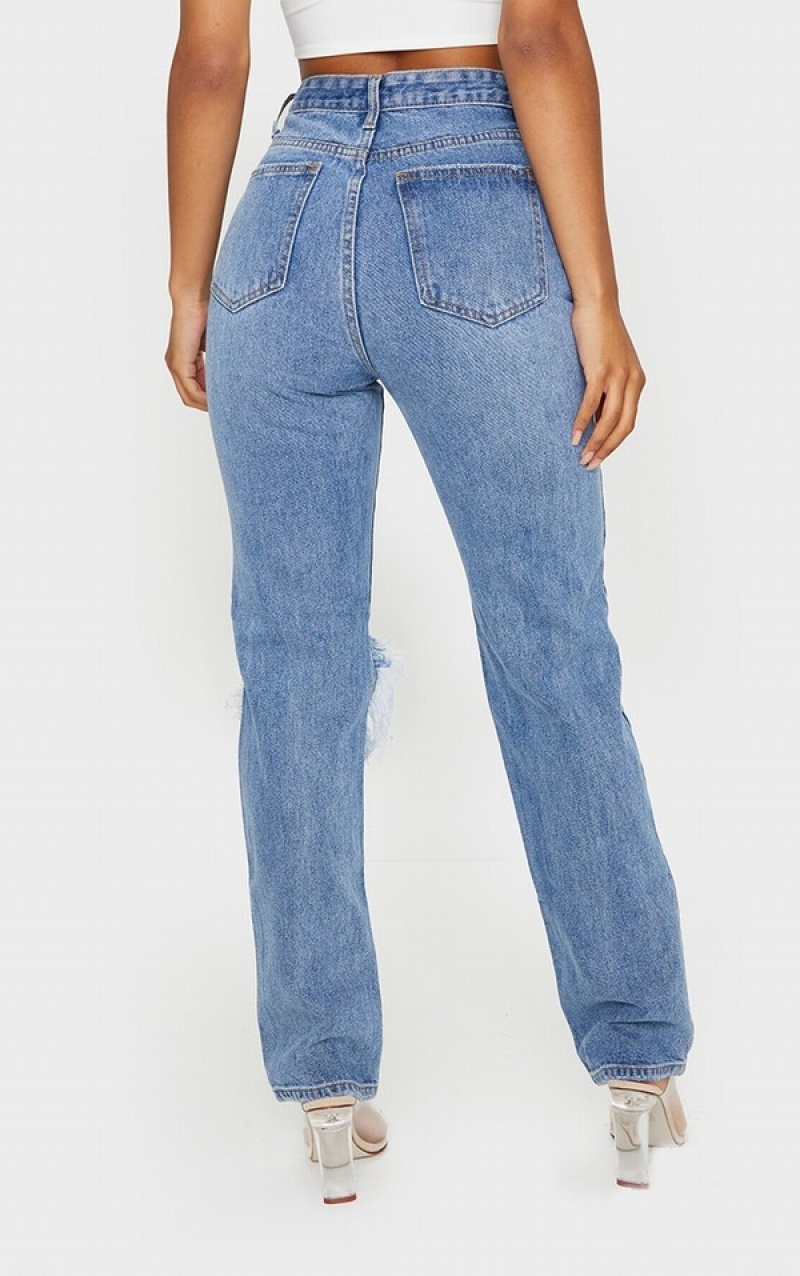 Blugi Pretty Little Thing Mid-High Wash Open Knee Long Leg Drept Leg Albastri Albastru Deschis | BHJX67091