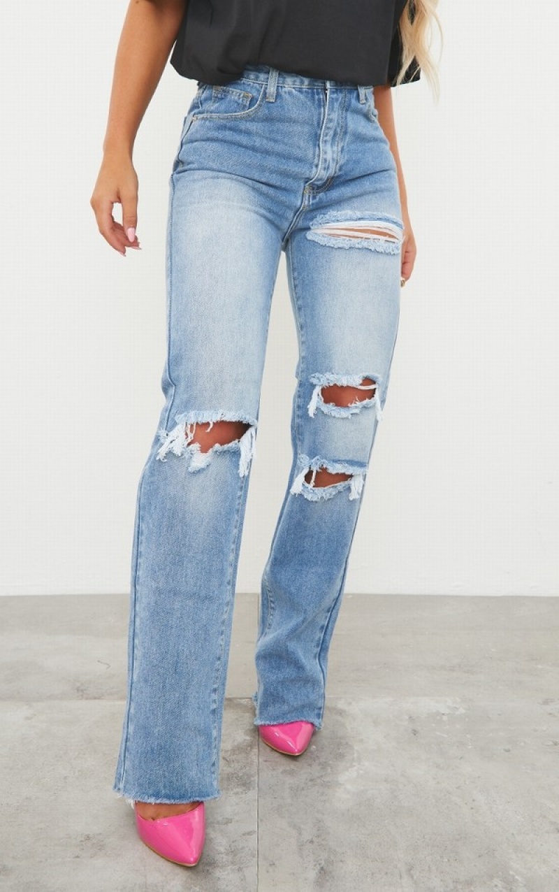 Blugi Pretty Little Thing Mid-High Wash Ripped Long Leg Drept Albastri Albastru Deschis | EXKS42163