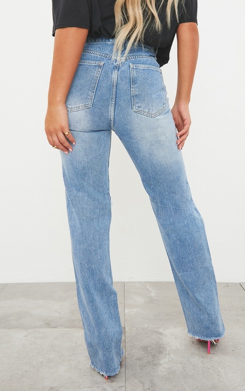 Blugi Pretty Little Thing Mid-High Wash Ripped Long Leg Drept Albastri Albastru Deschis | EXKS42163