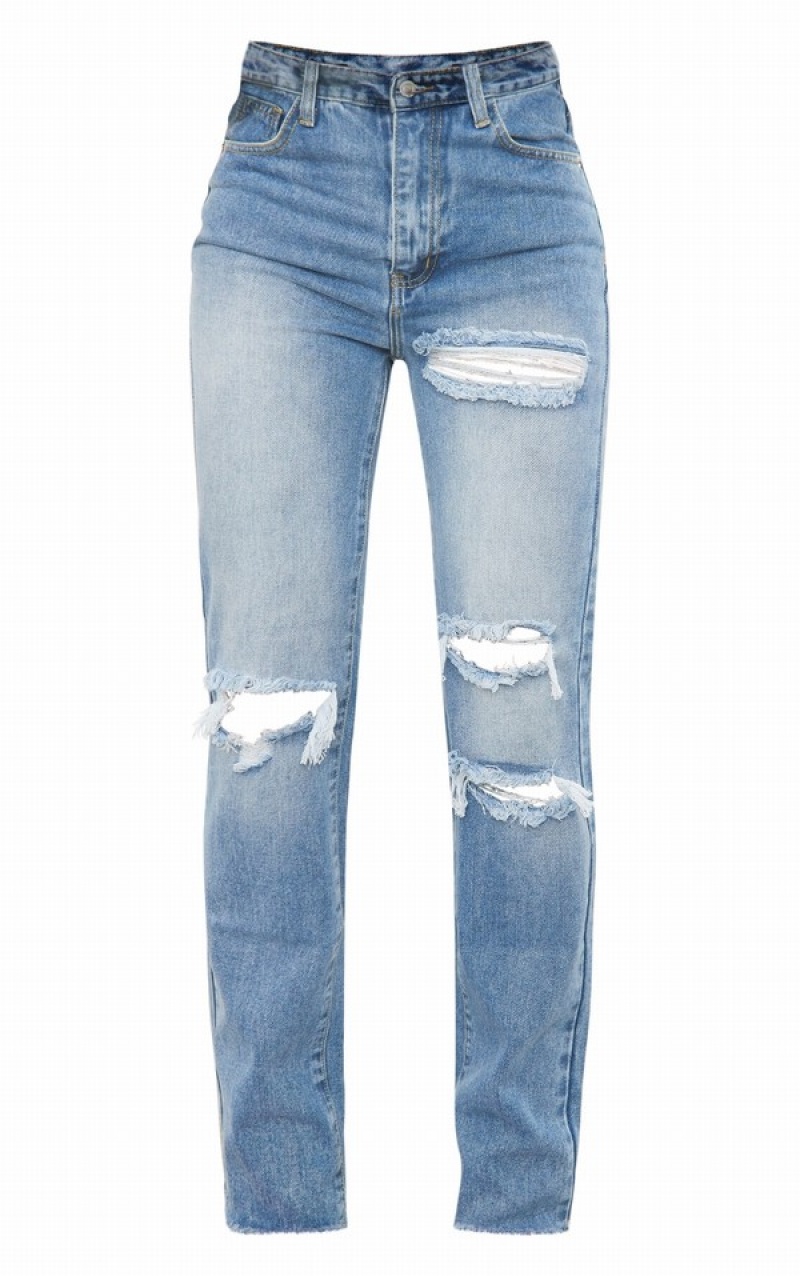 Blugi Pretty Little Thing Mid-High Wash Ripped Long Leg Drept Albastri Albastru Deschis | EXKS42163