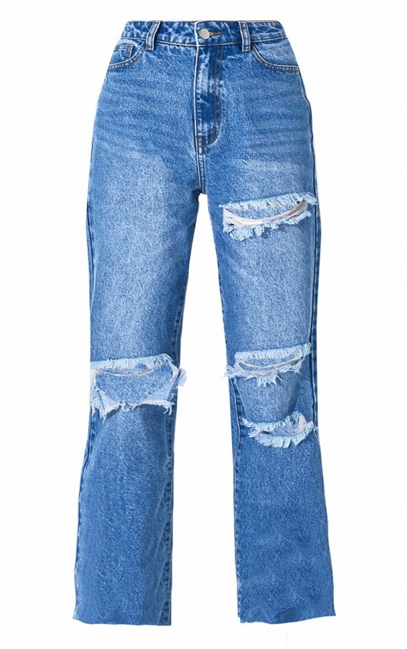 Blugi Pretty Little Thing Mid-High Wash Ripped Long Leg Drept Albastri Albastru Deschis | EXKS42163