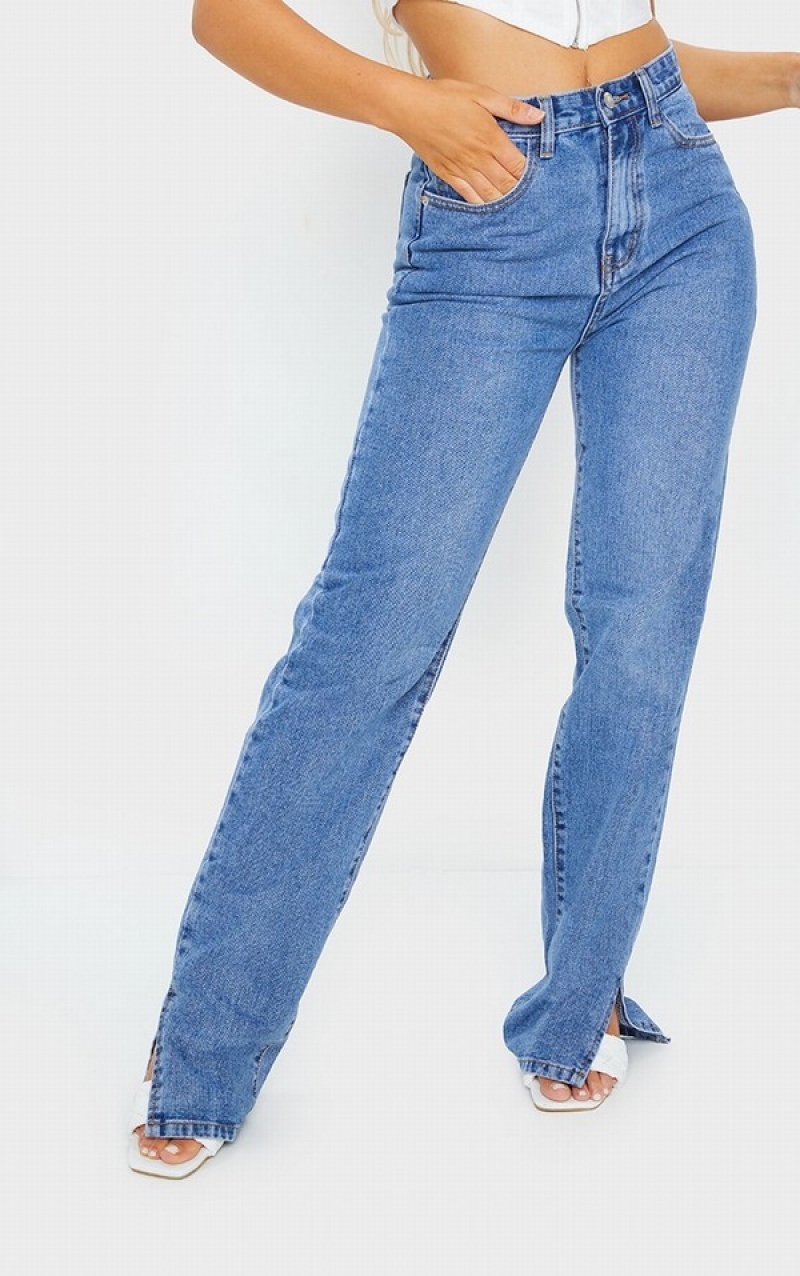 Blugi Pretty Little Thing Mid-High Wash Split Hem With Bum Distress Albastri Albastru Deschis | RJPT28914