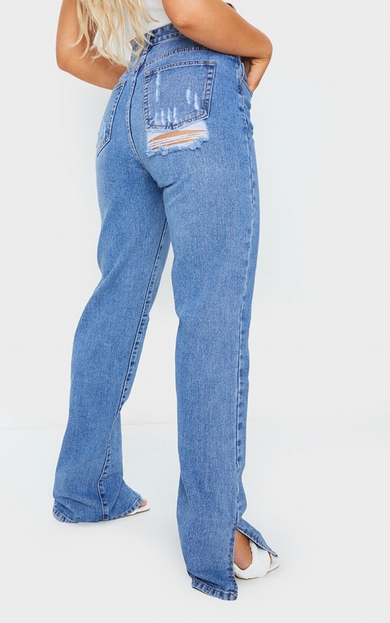 Blugi Pretty Little Thing Mid-High Wash Split Hem With Bum Distress Albastri Albastru Deschis | RJPT28914