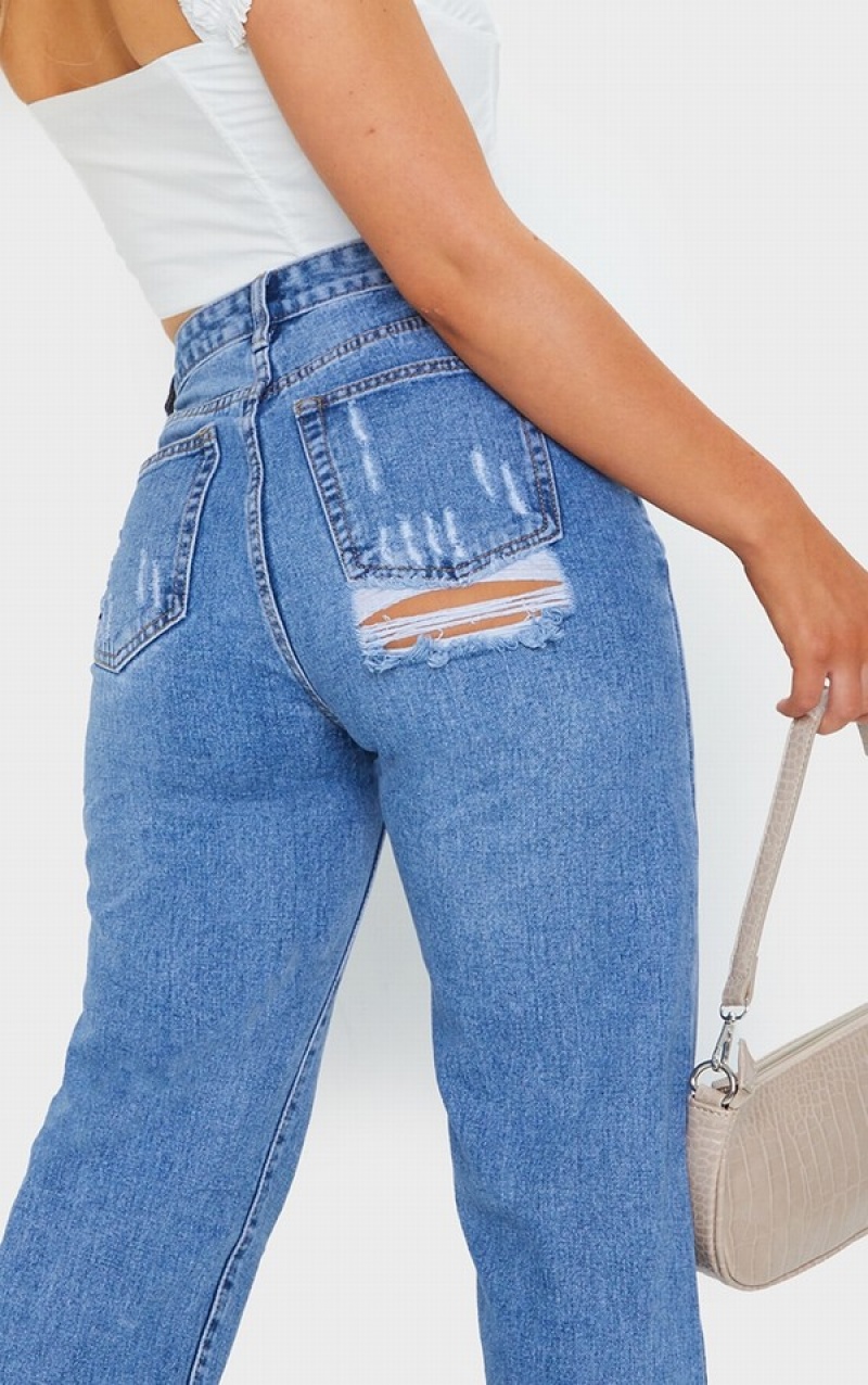 Blugi Pretty Little Thing Mid-High Wash Split Hem With Bum Distress Albastri Albastru Deschis | RJPT28914