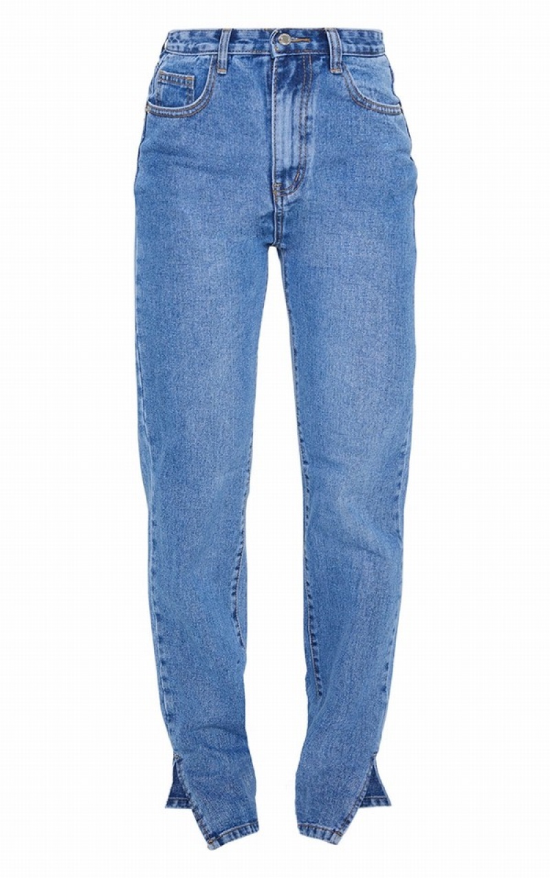 Blugi Pretty Little Thing Mid-High Wash Split Hem With Bum Distress Albastri Albastru Deschis | RJPT28914