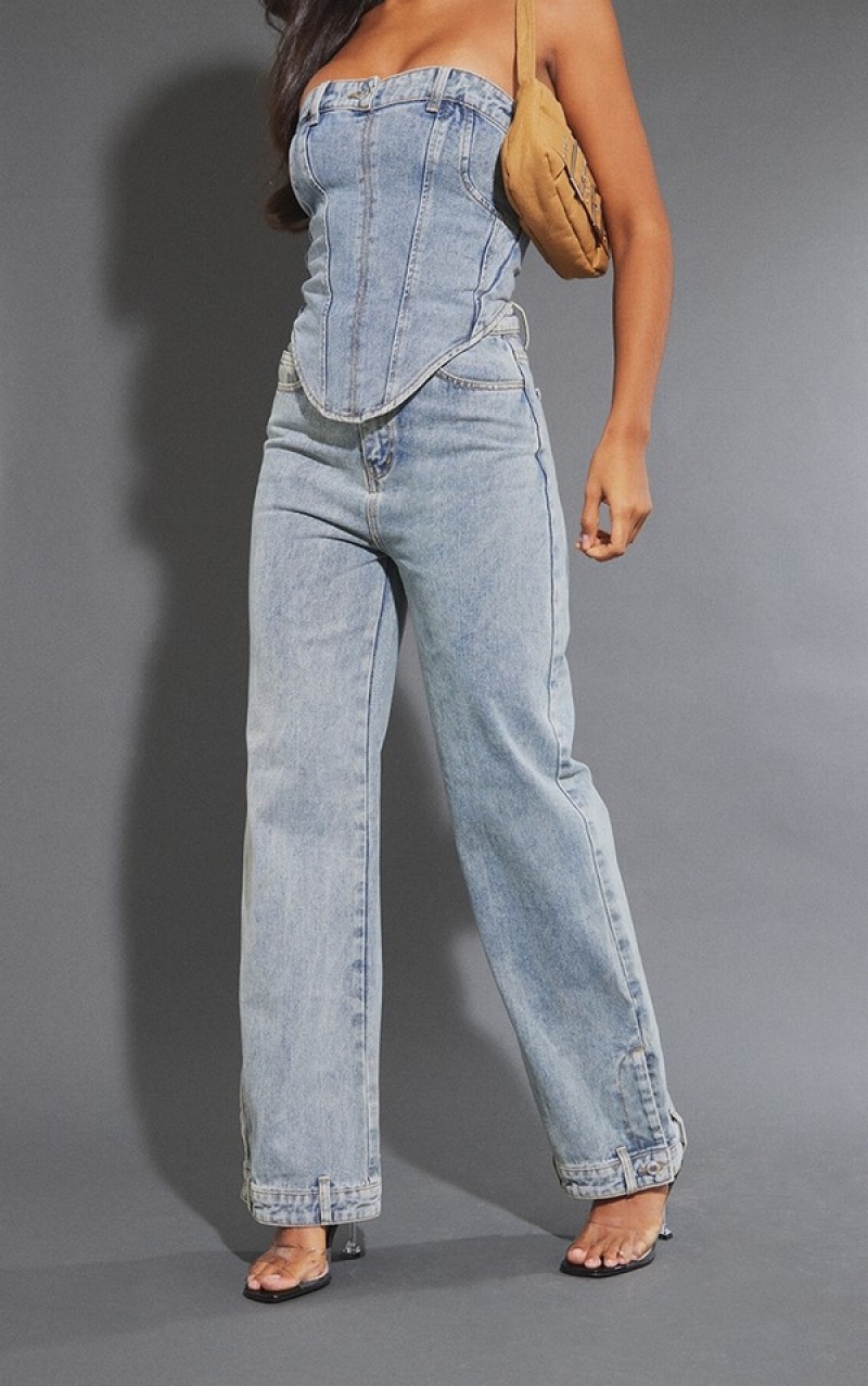 Blugi Pretty Little Thing Mid-High Wash Waistband Detail Hem Drept Leg Albastri Albastru Deschis | LCSO56907