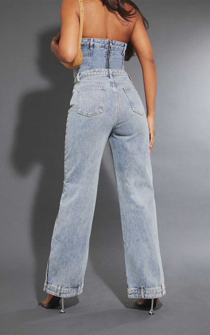Blugi Pretty Little Thing Mid-High Wash Waistband Detail Hem Drept Leg Albastri Albastru Deschis | LCSO56907