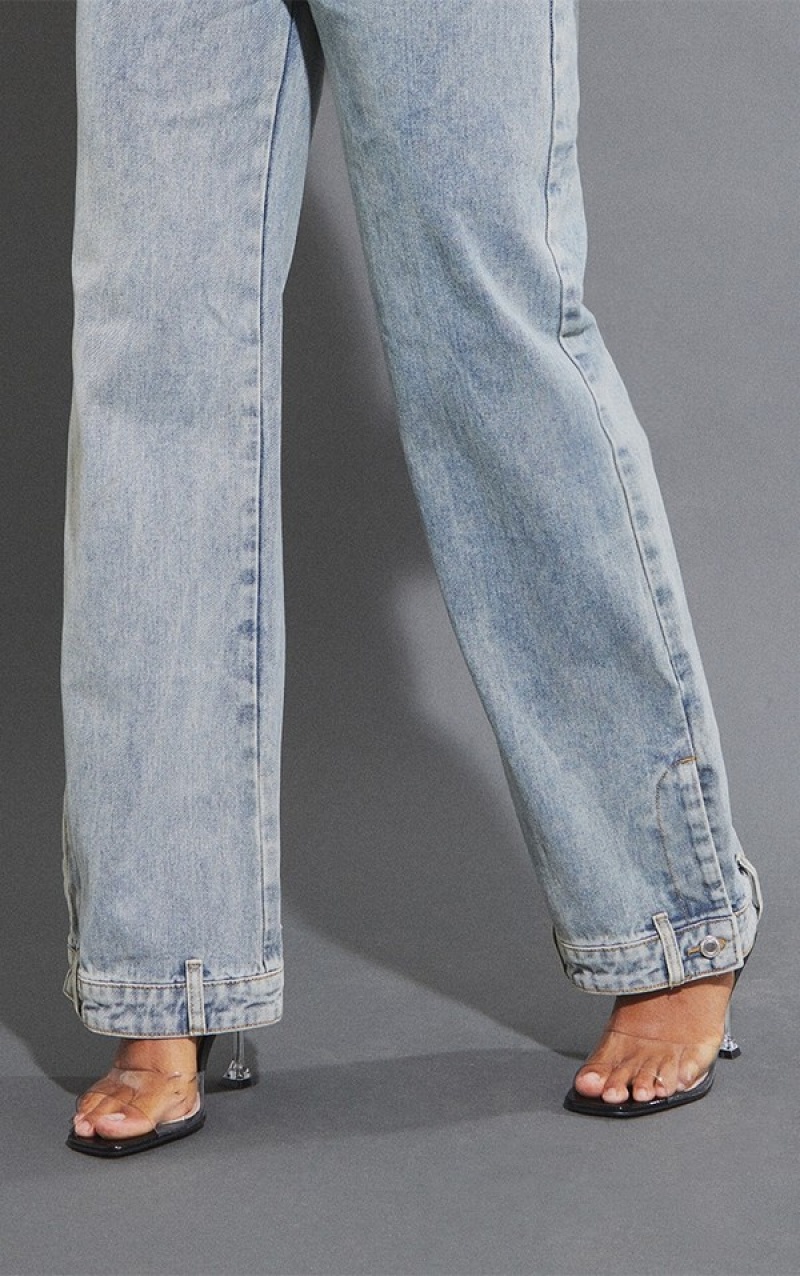 Blugi Pretty Little Thing Mid-High Wash Waistband Detail Hem Drept Leg Albastri Albastru Deschis | LCSO56907