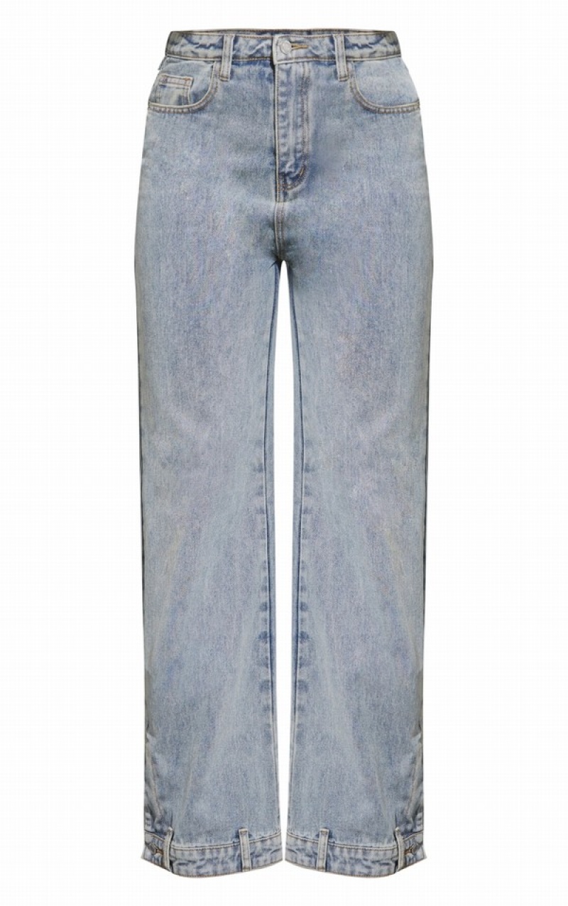 Blugi Pretty Little Thing Mid-High Wash Waistband Detail Hem Drept Leg Albastri Albastru Deschis | LCSO56907