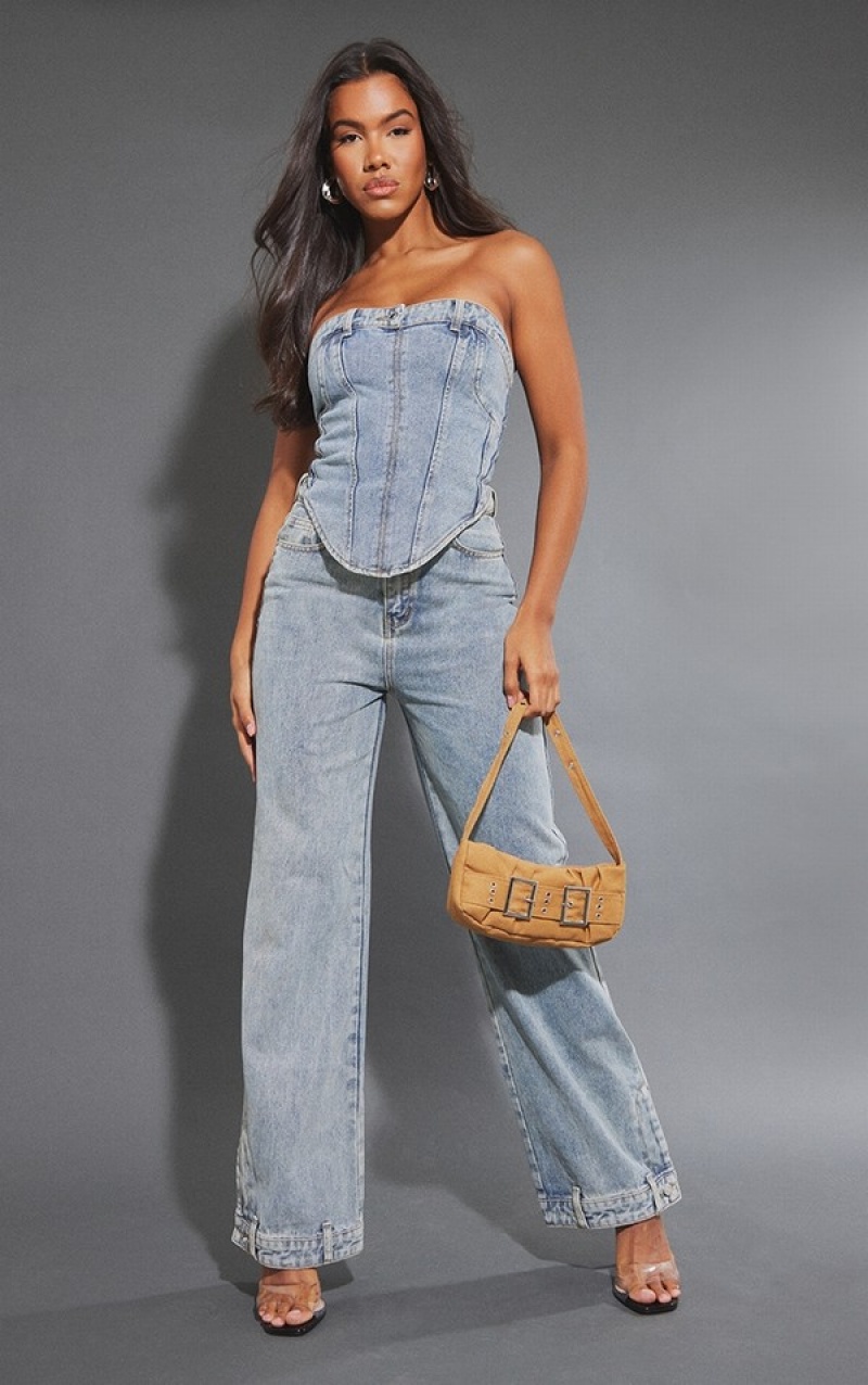 Blugi Pretty Little Thing Mid-High Wash Waistband Detail Hem Drept Leg Albastri Albastru Deschis | LCSO56907