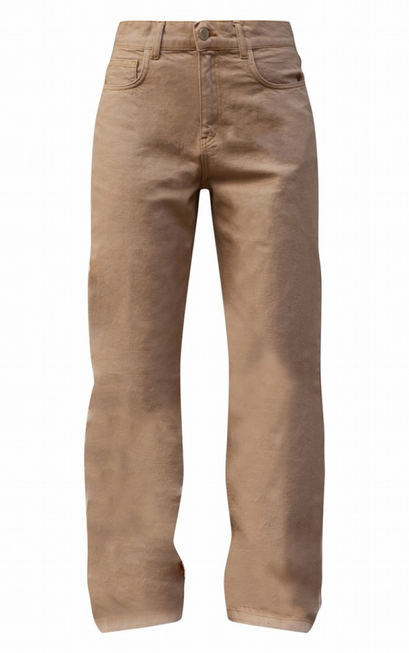 Blugi Pretty Little Thing Mocha With Contrast Stitch Largi Leg Bej | STGC80692