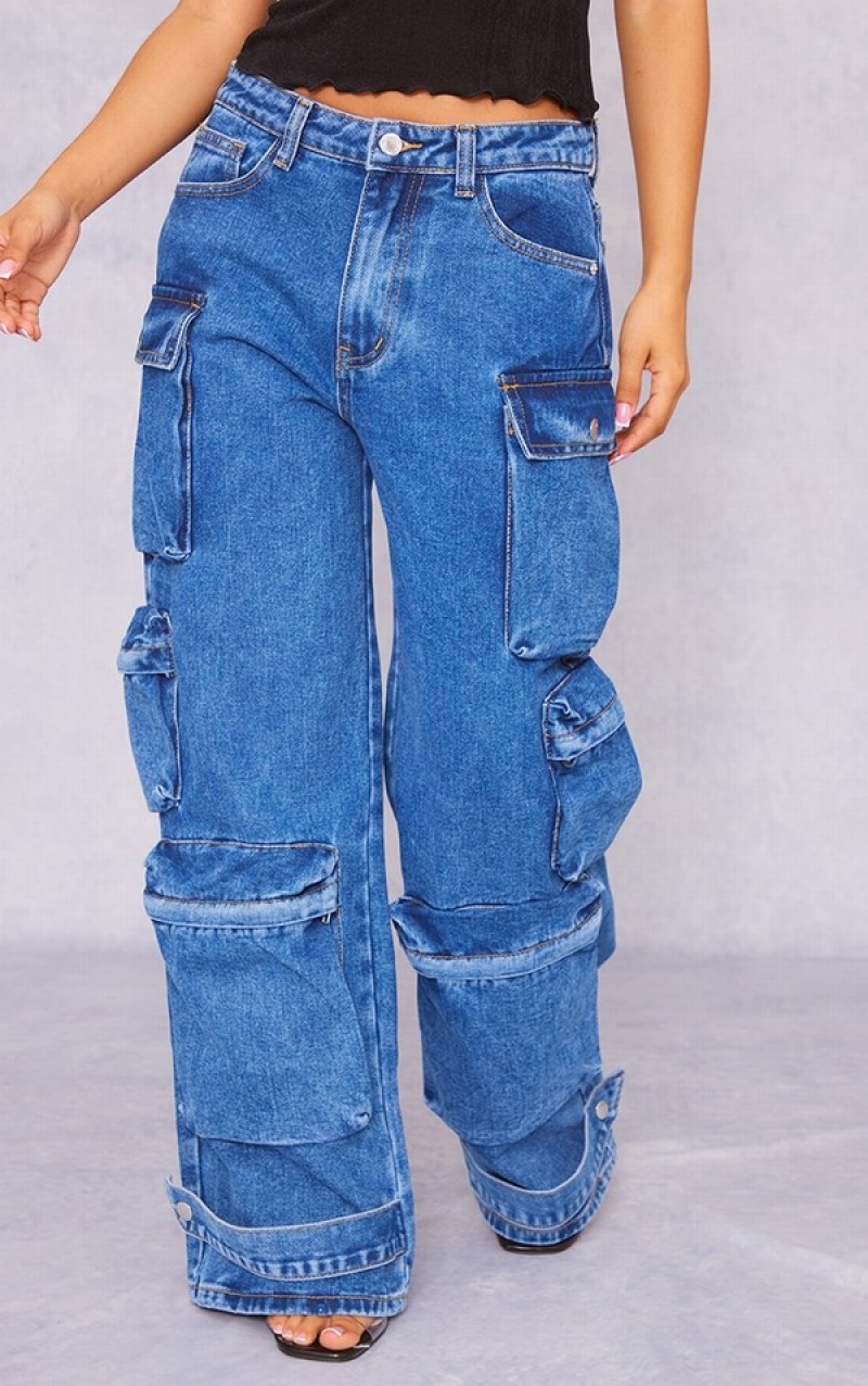 Blugi Pretty Little Thing Petite Indigo Wash Pocket Detail Largi Leg Indigo Albastri Albastru Deschis | XNQZ81627