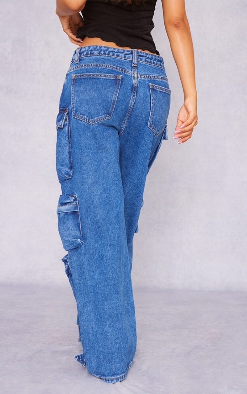 Blugi Pretty Little Thing Petite Indigo Wash Pocket Detail Largi Leg Indigo Albastri Albastru Deschis | XNQZ81627
