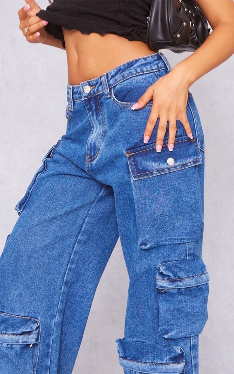 Blugi Pretty Little Thing Petite Indigo Wash Pocket Detail Largi Leg Indigo Albastri Albastru Deschis | XNQZ81627