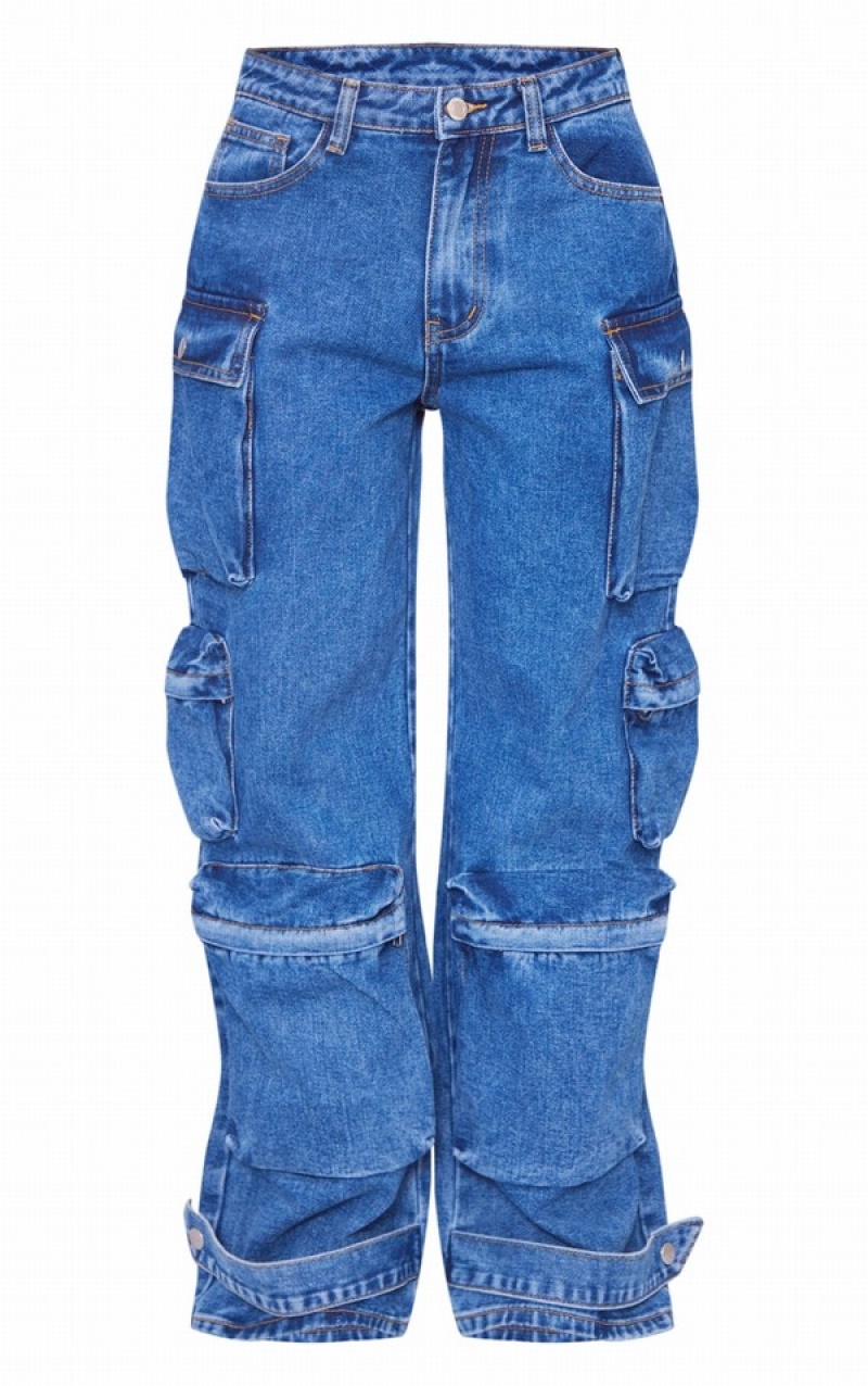 Blugi Pretty Little Thing Petite Indigo Wash Pocket Detail Largi Leg Indigo Albastri Albastru Deschis | XNQZ81627