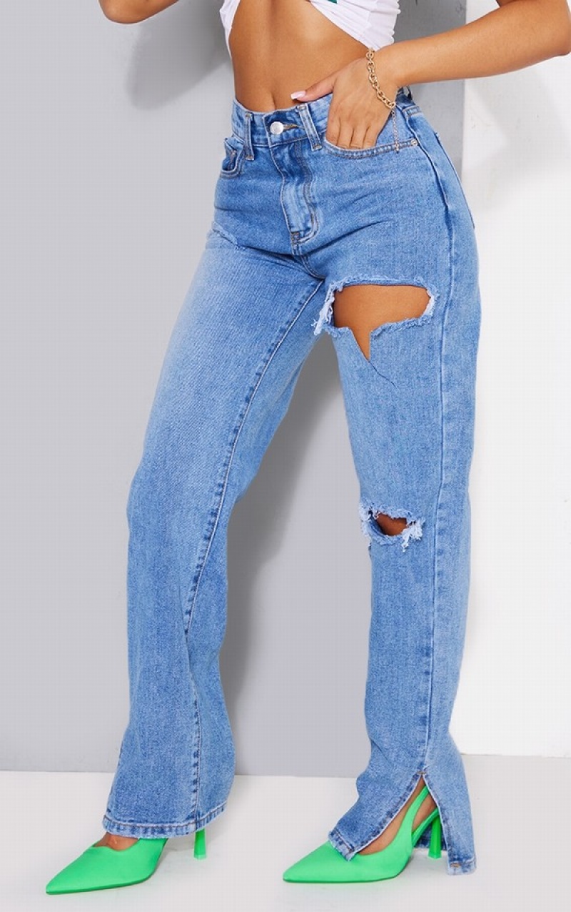 Blugi Pretty Little Thing Petite Mid-High Wash Ripped Split Hem Albastri Albastru Deschis | ASHB47253