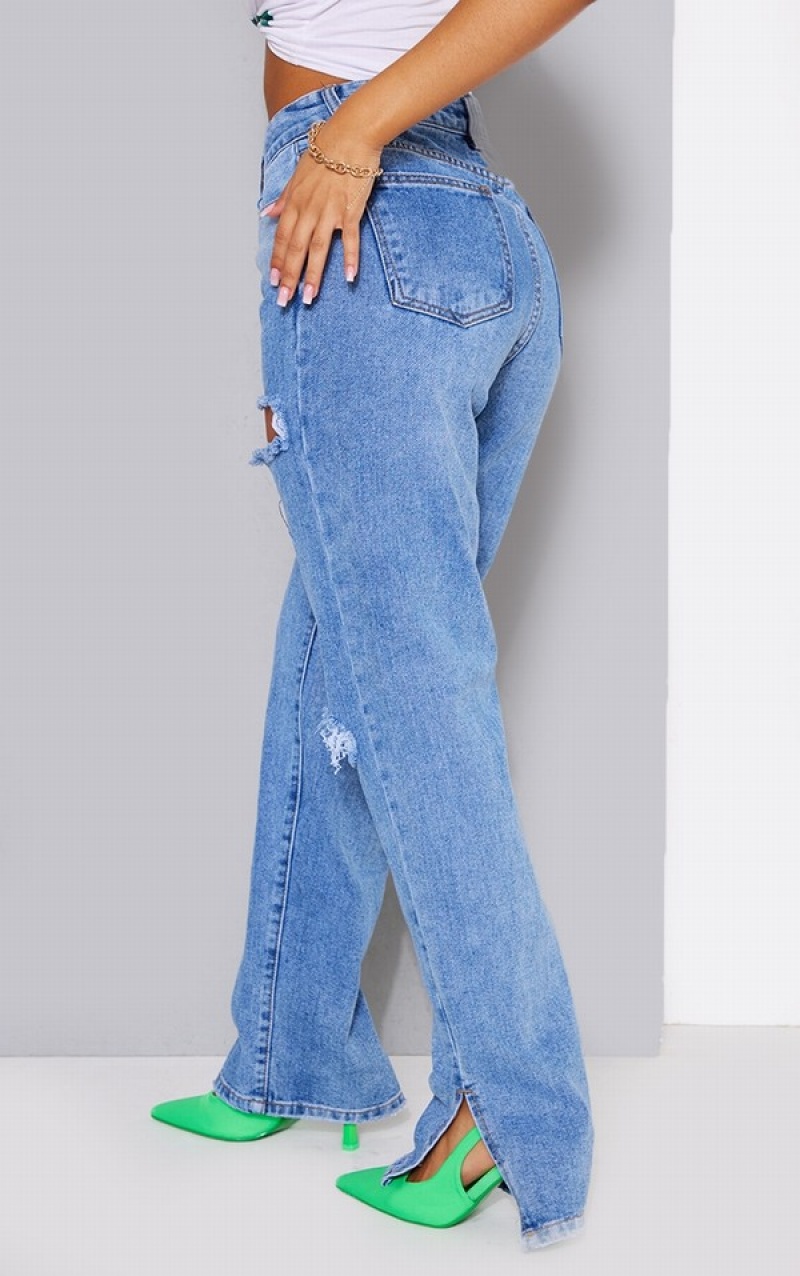 Blugi Pretty Little Thing Petite Mid-High Wash Ripped Split Hem Albastri Albastru Deschis | ASHB47253
