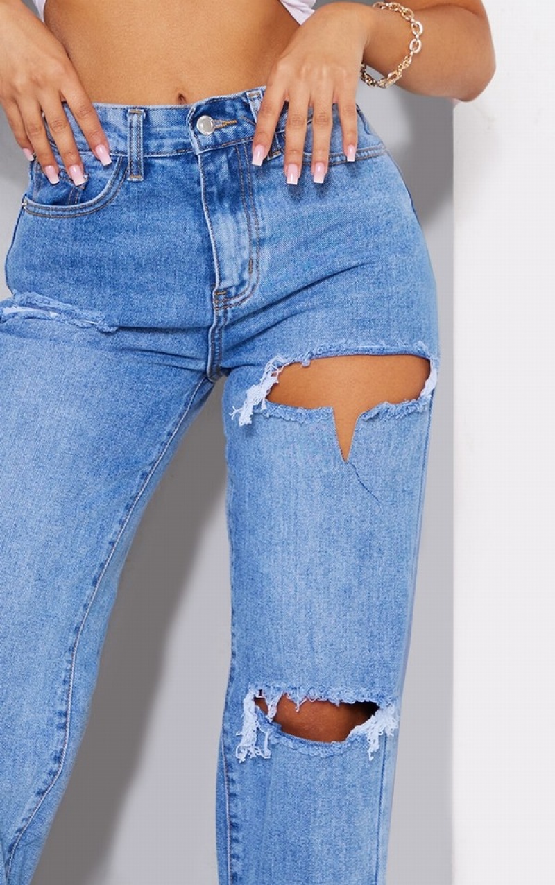 Blugi Pretty Little Thing Petite Mid-High Wash Ripped Split Hem Albastri Albastru Deschis | ASHB47253