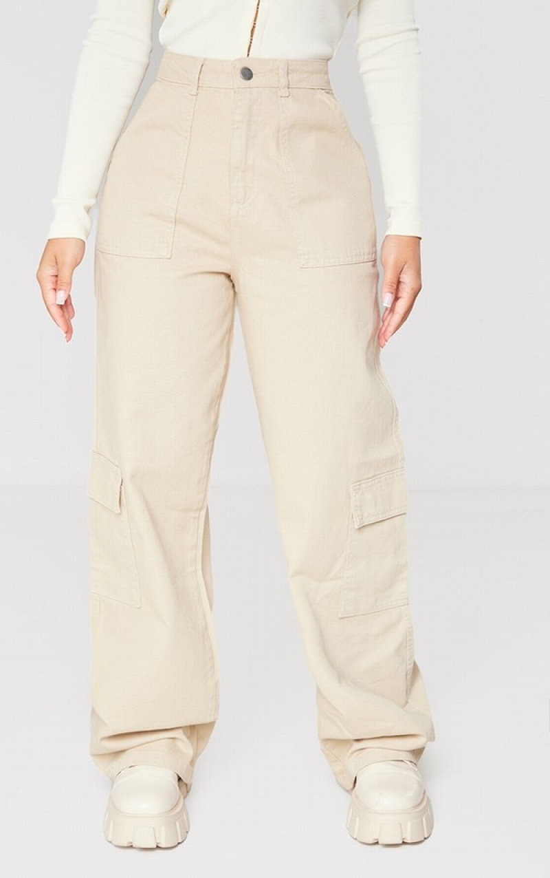 Blugi Pretty Little Thing Petite Oatmeal Cargo Pocket gy Largi Leg Bej | YRQG76580