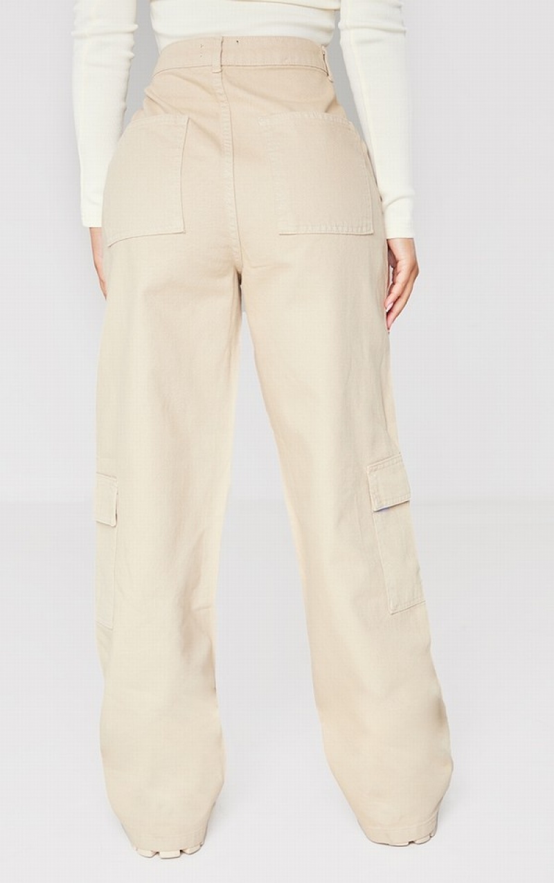 Blugi Pretty Little Thing Petite Oatmeal Cargo Pocket gy Largi Leg Bej | YRQG76580