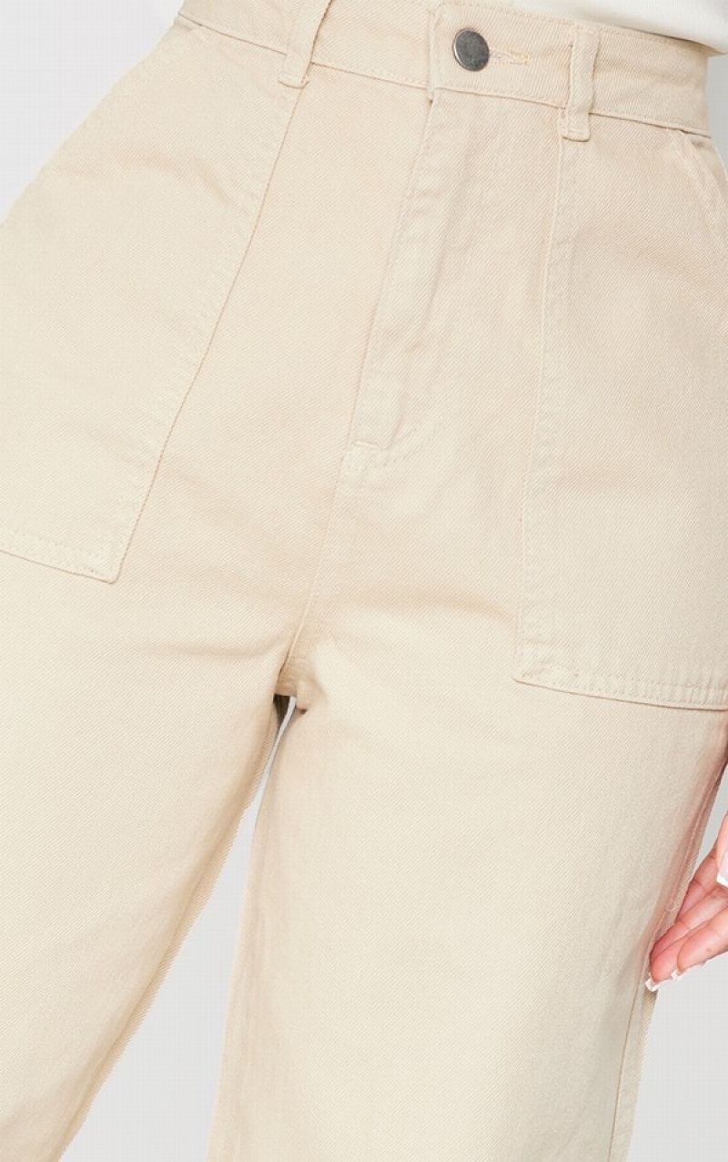 Blugi Pretty Little Thing Petite Oatmeal Cargo Pocket gy Largi Leg Bej | YRQG76580