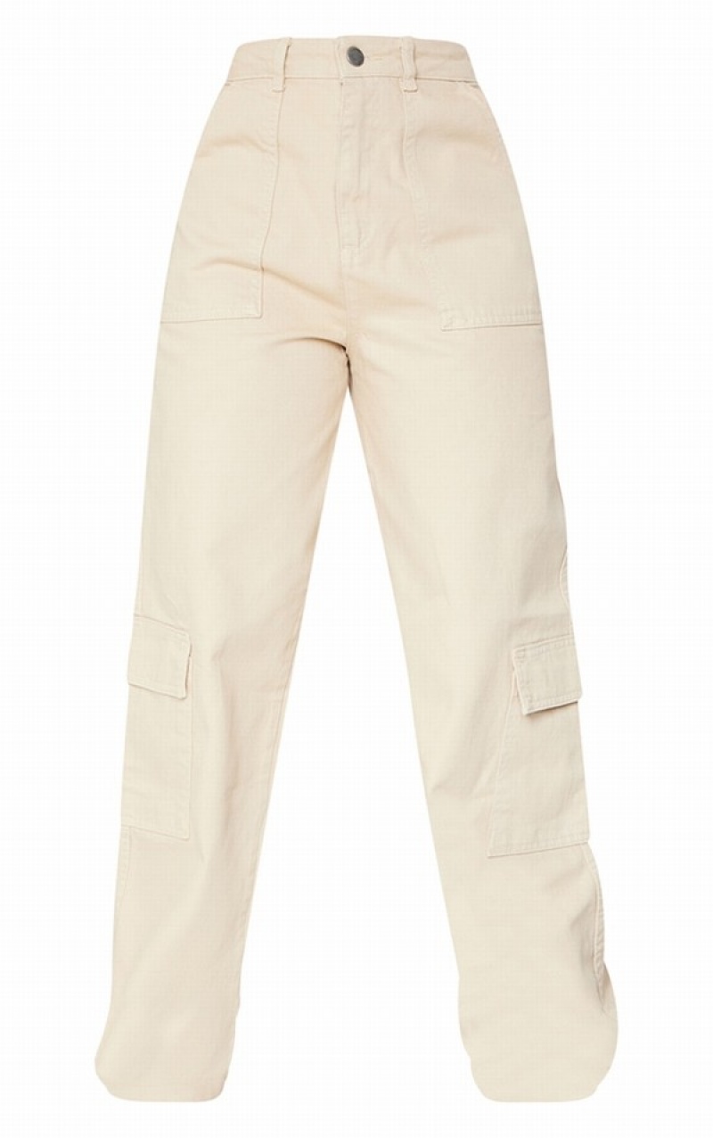 Blugi Pretty Little Thing Petite Oatmeal Cargo Pocket gy Largi Leg Bej | YRQG76580